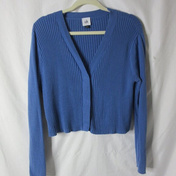 Cabi Slim Rib Cardigan Long Sleeve Blue Cropped #6173 Snap V Neck Size Large - Picture 9 of 9